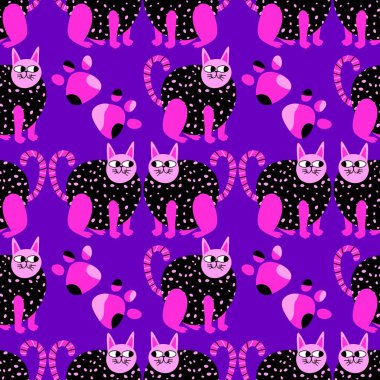 Çizgi film hayvanları kağıt, kumaş, çarşaf, çocuk giysisi baskısı ve parti aksesuarları için kusursuz kedi desenleri. Yüksek kaliteli illüstrasyon