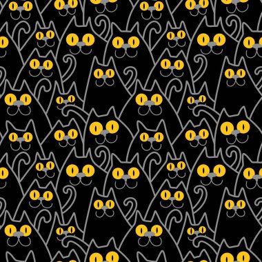 Cadılar Bayramı hayvanları kağıt, kumaş, çarşaf ve çocuk kıyafetleri ve parti aksesuarları için kusursuz kedi desenleri. Yüksek kaliteli illüstrasyon