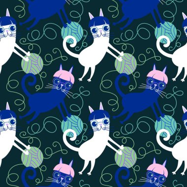 Çizgi film hayvanları kağıt, kumaş, çarşaf, çocuk giysisi baskısı ve parti aksesuarları için kusursuz kedi desenleri. Yüksek kaliteli illüstrasyon