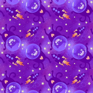 Space animals seamless cats pattern for wrapping paper and fabrics and linens and kids clothes print and party accessories. High quality illustration