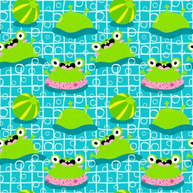 Çizgi filmlerdeki kusursuz kurbağa desenleri kağıt, kumaş, çarşaf, çocuk giysisi baskısı, şenlik ambalajı ve parti aksesuarları için. Yüksek kaliteli illüstrasyon