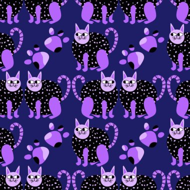 Çizgi film hayvanları kağıt, kumaş, çarşaf, çocuk giysisi baskısı ve parti aksesuarları için kusursuz kedi desenleri. Yüksek kaliteli illüstrasyon