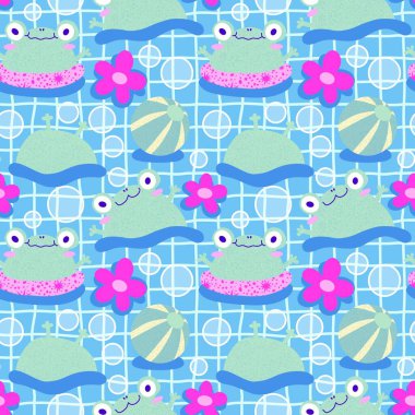 Çizgi filmlerdeki kusursuz kurbağa desenleri kağıt, kumaş, çarşaf, çocuk giysisi baskısı, şenlik ambalajı ve parti aksesuarları için. Yüksek kaliteli illüstrasyon