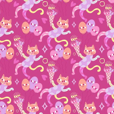 Doğum günü partisi, kağıt, kumaş, çarşaf ve çocuk giysileri baskısı ve yıldönümü aksesuarları için kusursuz kedi deseni. Yüksek kalite fotoğraf
