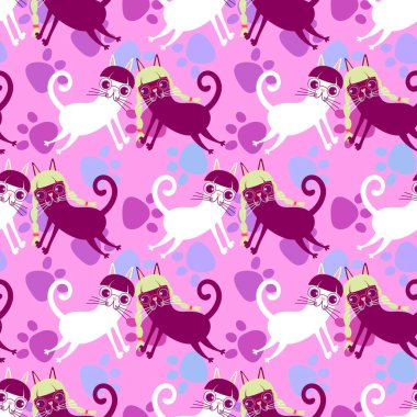 Çizgi film hayvanları kağıt, kumaş, çarşaf, çocuk giysisi baskısı ve parti aksesuarları için kusursuz kedi desenleri. Yüksek kaliteli illüstrasyon