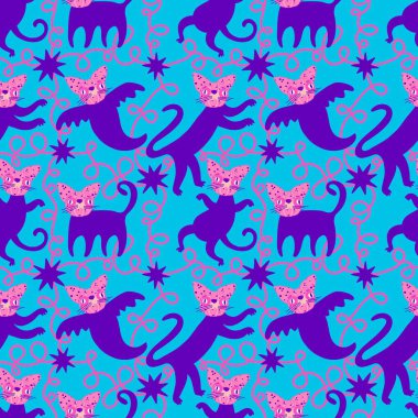 Cadılar Bayramı hayvanları kağıt, kumaş, çarşaf ve çocuk kıyafetleri ve parti aksesuarları için kusursuz kedi desenleri. Yüksek kaliteli illüstrasyon