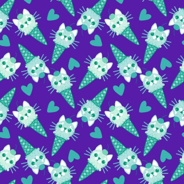 Noel kedisi şekerlemesiz dondurma deseni. Paket kağıdı, kumaş, çarşaf, çocuk giysisi baskısı ve yeni yıl partisi aksesuarları için. Yüksek kaliteli illüstrasyon