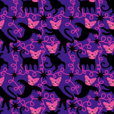 Cadılar Bayramı hayvanları kağıt, kumaş, çarşaf ve çocuk kıyafetleri ve parti aksesuarları için kusursuz kedi desenleri. Yüksek kaliteli illüstrasyon