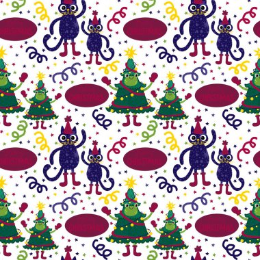 Çizgi filmlerdeki komik kediler ve kurbağalar ambalajsız Noel desenleri ve çocuk giysileri baskısı ve şenlikli ambalajlar kumaşlar ve çarşaflar ve yeni yıl ve Noel. Yüksek kaliteli illüstrasyon