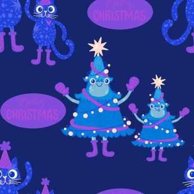 Çizgi filmlerdeki komik kediler ve kurbağalar ambalajsız Noel desenleri ve çocuk giysileri baskısı ve şenlikli ambalajlar kumaşlar ve çarşaflar ve yeni yıl ve Noel. Yüksek kaliteli illüstrasyon