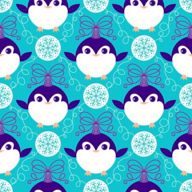 Noel hayvanları kağıt, kumaş, çarşaf, çocuk giysisi baskısı, yeni yıl ambalajı ve Noel kış ambalajı için kusursuz penguen desenleri. Yüksek kaliteli illüstrasyon