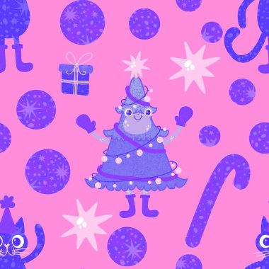 Çizgi filmlerdeki komik kediler ve kurbağalar ambalajsız Noel desenleri ve çocuk giysileri baskısı ve şenlikli ambalajlar kumaşlar ve çarşaflar ve yeni yıl ve Noel. Yüksek kaliteli illüstrasyon