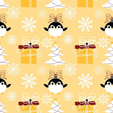 Noel hayvanları kağıt, kumaş, çarşaf, çocuk giysisi baskısı, yeni yıl ambalajı ve Noel kış ambalajı için kusursuz penguen desenleri. Yüksek kaliteli illüstrasyon