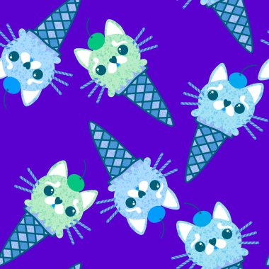 Noel kedisi şekerlemesiz dondurma deseni. Paket kağıdı, kumaş, çarşaf, çocuk giysisi baskısı ve yeni yıl partisi aksesuarları için. Yüksek kaliteli illüstrasyon