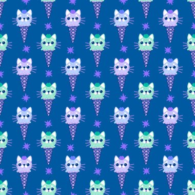 Noel kedisi şekerlemesiz dondurma deseni. Paket kağıdı, kumaş, çarşaf, çocuk giysisi baskısı ve yeni yıl partisi aksesuarları için. Yüksek kaliteli illüstrasyon