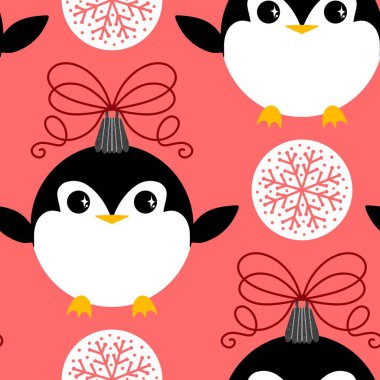 Noel hayvanları kağıt, kumaş, çarşaf, çocuk giysisi baskısı, yeni yıl ambalajı ve Noel kış ambalajı için kusursuz penguen desenleri. Yüksek kaliteli illüstrasyon