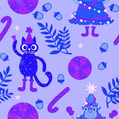 Çizgi filmlerdeki komik kediler ve kurbağalar ambalajsız Noel desenleri ve çocuk giysileri baskısı ve şenlikli ambalajlar kumaşlar ve çarşaflar ve yeni yıl ve Noel. Yüksek kaliteli illüstrasyon