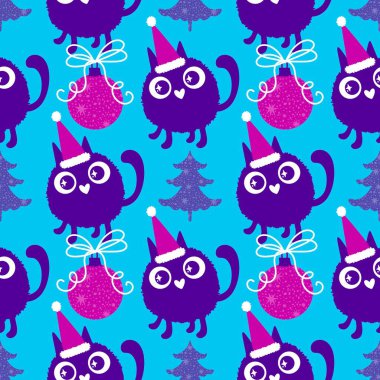 Çizgi filmlerdeki komik kediler ambalajsız Noel desenleri ve çocuk giysileri baskısı ve şenlikli ambalajlar ve kumaşlar ve çarşaflar ve yeni yıl ve Noel. Yüksek kaliteli illüstrasyon