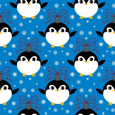 Noel hayvanları kağıt, kumaş, çarşaf, çocuk giysisi baskısı, yeni yıl ambalajı ve Noel kış ambalajı için kusursuz penguen desenleri. Yüksek kaliteli illüstrasyon