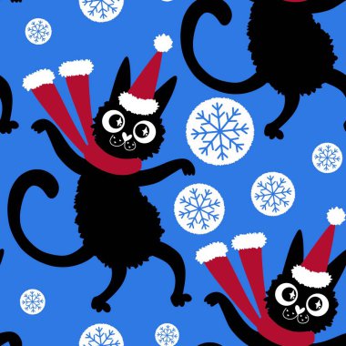 Çizgi filmlerdeki komik kediler ambalajsız Noel desenleri ve çocuk giysileri baskısı ve şenlikli ambalajlar ve kumaşlar ve çarşaflar ve yeni yıl ve Noel. Yüksek kaliteli illüstrasyon