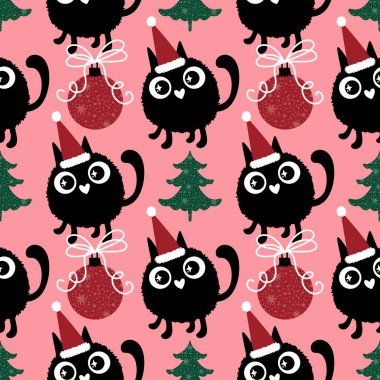 Çizgi filmlerdeki komik kediler ambalajsız Noel desenleri ve çocuk giysileri baskısı ve şenlikli ambalajlar ve kumaşlar ve çarşaflar ve yeni yıl ve Noel. Yüksek kaliteli illüstrasyon