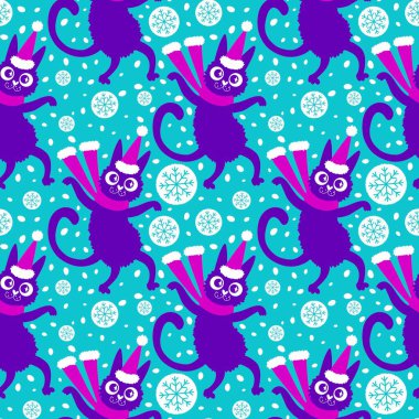 Çizgi filmlerdeki komik kediler ambalajsız Noel desenleri ve çocuk giysileri baskısı ve şenlikli ambalajlar ve kumaşlar ve çarşaflar ve yeni yıl ve Noel. Yüksek kaliteli illüstrasyon