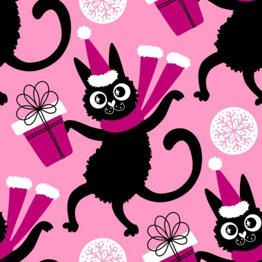 Çizgi filmlerdeki komik kediler ambalajsız Noel desenleri ve çocuk giysileri baskısı ve şenlikli ambalajlar ve kumaşlar ve çarşaflar ve yeni yıl ve Noel. Yüksek kaliteli illüstrasyon