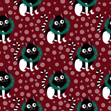 Çizgi filmlerdeki komik kediler ambalajsız Noel desenleri ve çocuk giysileri baskısı ve şenlikli ambalajlar ve kumaşlar ve çarşaflar ve yeni yıl ve Noel. Yüksek kaliteli illüstrasyon