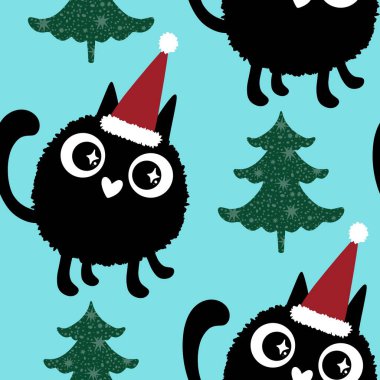 Çizgi filmlerdeki komik kediler ambalajsız Noel desenleri ve çocuk giysileri baskısı ve şenlikli ambalajlar ve kumaşlar ve çarşaflar ve yeni yıl ve Noel. Yüksek kaliteli illüstrasyon