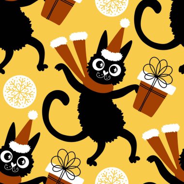 Çizgi filmlerdeki komik kediler ambalajsız Noel desenleri ve çocuk giysileri baskısı ve şenlikli ambalajlar ve kumaşlar ve çarşaflar ve yeni yıl ve Noel. Yüksek kaliteli illüstrasyon