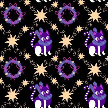 Çizgi filmlerdeki komik kediler ambalajsız Noel desenleri ve çocuk giysileri baskısı ve şenlikli ambalajlar ve kumaşlar ve çarşaflar ve yeni yıl ve Noel. Yüksek kaliteli illüstrasyon