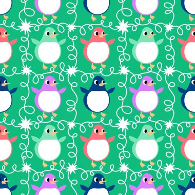 Noel hayvanları kağıt, kumaş, çarşaf, çocuk giysisi baskısı, yeni yıl ambalajı ve Noel kış ambalajı için kusursuz penguen desenleri. Yüksek kaliteli illüstrasyon