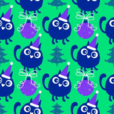 Çizgi filmlerdeki komik kediler ambalajsız Noel desenleri ve çocuk giysileri baskısı ve şenlikli ambalajlar ve kumaşlar ve çarşaflar ve yeni yıl ve Noel. Yüksek kaliteli illüstrasyon