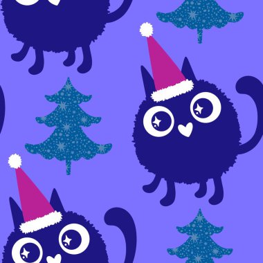 Çizgi filmlerdeki komik kediler ambalajsız Noel desenleri ve çocuk giysileri baskısı ve şenlikli ambalajlar ve kumaşlar ve çarşaflar ve yeni yıl ve Noel. Yüksek kaliteli illüstrasyon