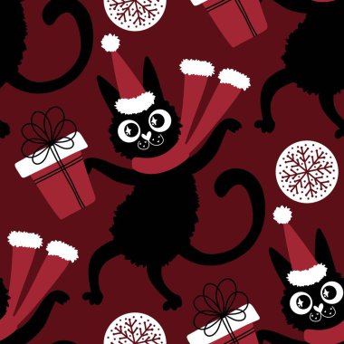 Çizgi filmlerdeki komik kediler ambalajsız Noel desenleri ve çocuk giysileri baskısı ve şenlikli ambalajlar ve kumaşlar ve çarşaflar ve yeni yıl ve Noel. Yüksek kaliteli illüstrasyon