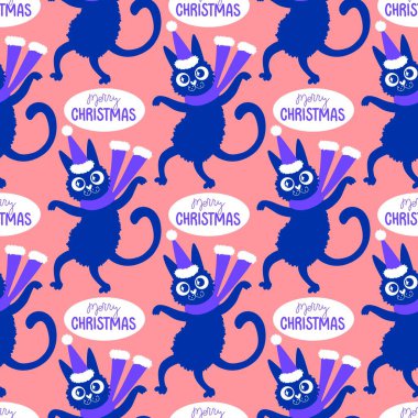 Çizgi filmlerdeki komik kediler ambalajsız Noel desenleri ve çocuk giysileri baskısı ve şenlikli ambalajlar ve kumaşlar ve çarşaflar ve yeni yıl ve Noel. Yüksek kaliteli illüstrasyon