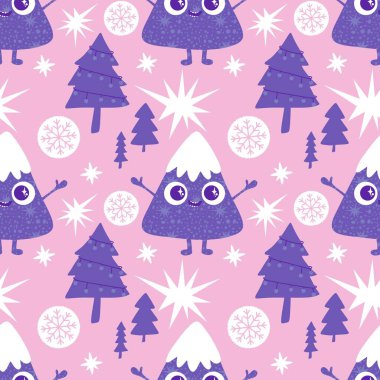 Karikatür dağları, ambalaj kağıdı, kumaş ve çocuk giysisi baskısı, şenlikli ambalajlar, spor aksesuarları ve seyahat tekstili için kusursuz meslek düzeni. Yüksek kaliteli illüstrasyon