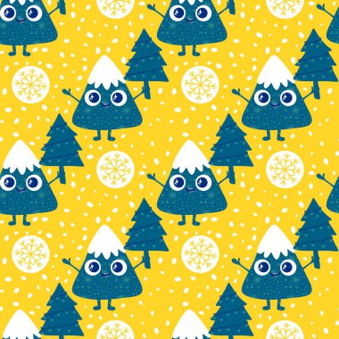 Karikatür dağları, ambalaj kağıdı, kumaş ve çocuk giysisi baskısı, şenlikli ambalajlar, spor aksesuarları ve seyahat tekstili için kusursuz meslek düzeni. Yüksek kaliteli illüstrasyon