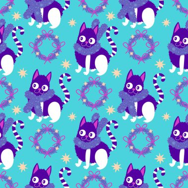 Çizgi filmlerdeki komik kediler ambalajsız Noel desenleri ve çocuk giysileri baskısı ve şenlikli ambalajlar ve kumaşlar ve çarşaflar ve yeni yıl ve Noel. Yüksek kaliteli illüstrasyon