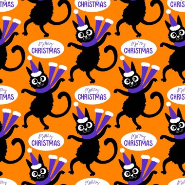 Çizgi filmlerdeki komik kediler ambalajsız Noel desenleri ve çocuk giysileri baskısı ve şenlikli ambalajlar ve kumaşlar ve çarşaflar ve yeni yıl ve Noel. Yüksek kaliteli illüstrasyon