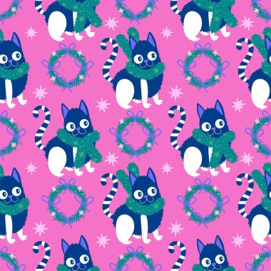 Çizgi filmlerdeki komik kediler ambalajsız Noel desenleri ve çocuk giysileri baskısı ve şenlikli ambalajlar ve kumaşlar ve çarşaflar ve yeni yıl ve Noel. Yüksek kaliteli illüstrasyon