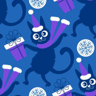 Çizgi filmlerdeki komik kediler ambalajsız Noel desenleri ve çocuk giysileri baskısı ve şenlikli ambalajlar ve kumaşlar ve çarşaflar ve yeni yıl ve Noel. Yüksek kaliteli illüstrasyon