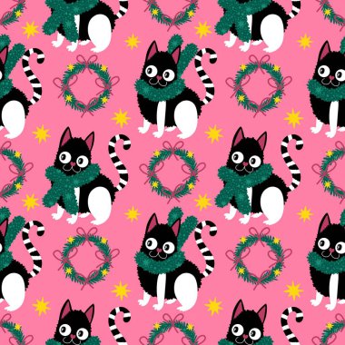 Çizgi filmlerdeki komik kediler ambalajsız Noel desenleri ve çocuk giysileri baskısı ve şenlikli ambalajlar ve kumaşlar ve çarşaflar ve yeni yıl ve Noel. Yüksek kaliteli illüstrasyon