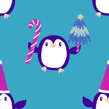 Noel hayvanları kağıt, kumaş, çarşaf, çocuk giysisi baskısı, yeni yıl ambalajı ve Noel kış ambalajı için kusursuz penguen desenleri. Yüksek kaliteli illüstrasyon