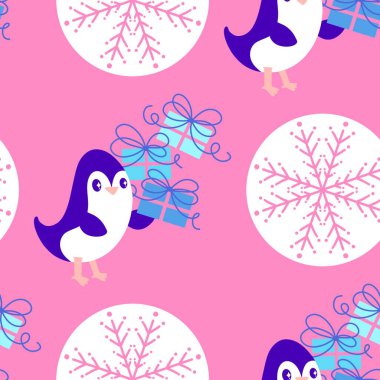 Noel hayvanları kağıt, kumaş, çarşaf, çocuk giysisi baskısı, yeni yıl ambalajı ve Noel kış ambalajı için kusursuz penguen desenleri. Yüksek kaliteli illüstrasyon