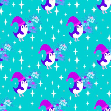 Noel hayvanları kağıt, kumaş, çarşaf, çocuk giysisi baskısı, yeni yıl ambalajı ve Noel kış ambalajı için kusursuz penguen desenleri. Yüksek kaliteli illüstrasyon