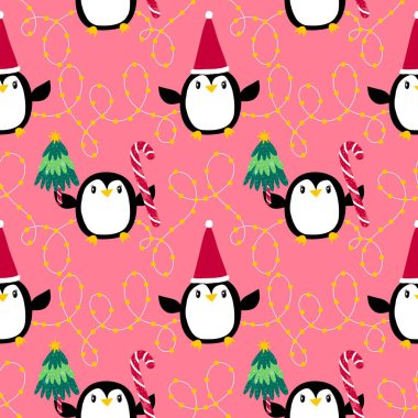 Noel hayvanları kağıt, kumaş, çarşaf, çocuk giysisi baskısı, yeni yıl ambalajı ve Noel kış ambalajı için kusursuz penguen desenleri. Yüksek kaliteli illüstrasyon