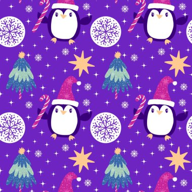 Noel hayvanları kağıt, kumaş, çarşaf, çocuk giysisi baskısı, yeni yıl ambalajı ve Noel kış ambalajı için kusursuz penguen desenleri. Yüksek kaliteli illüstrasyon