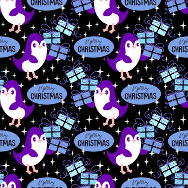 Noel hayvanları kağıt, kumaş, çarşaf, çocuk giysisi baskısı, yeni yıl ambalajı ve Noel kış ambalajı için kusursuz penguen desenleri. Yüksek kaliteli illüstrasyon