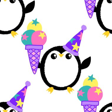 Noel hayvanları kağıt, kumaş, çarşaf, çocuk giysisi baskısı, yeni yıl ambalajı ve Noel kış ambalajı için kusursuz penguen desenleri. Yüksek kaliteli illüstrasyon